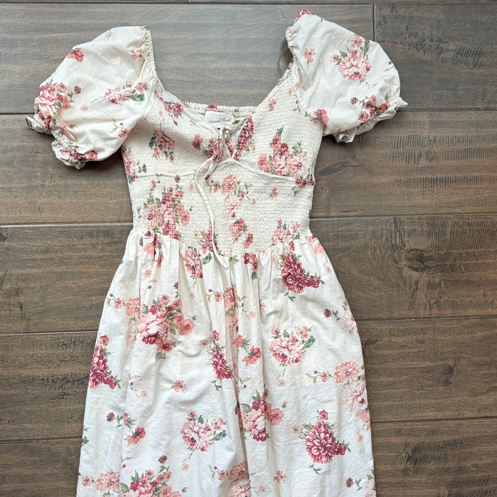 Floral Smocked Puff Sleeve Kids Dress - White & Pink